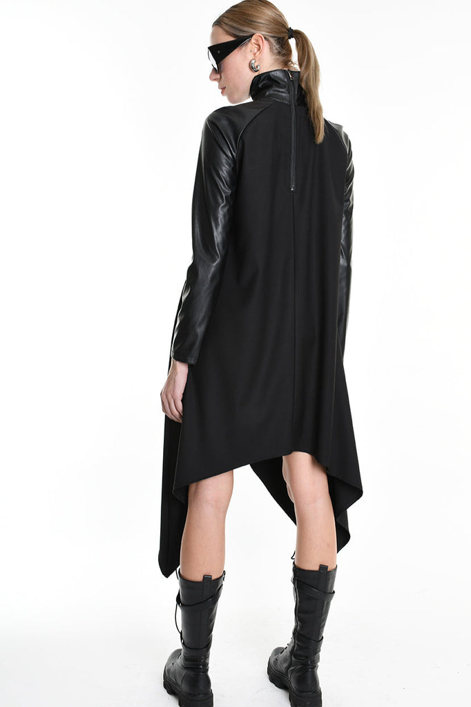 4R W5178 DRESS Asymmetric Fluid & Faux Leather Black LA HAINE INSIDE US