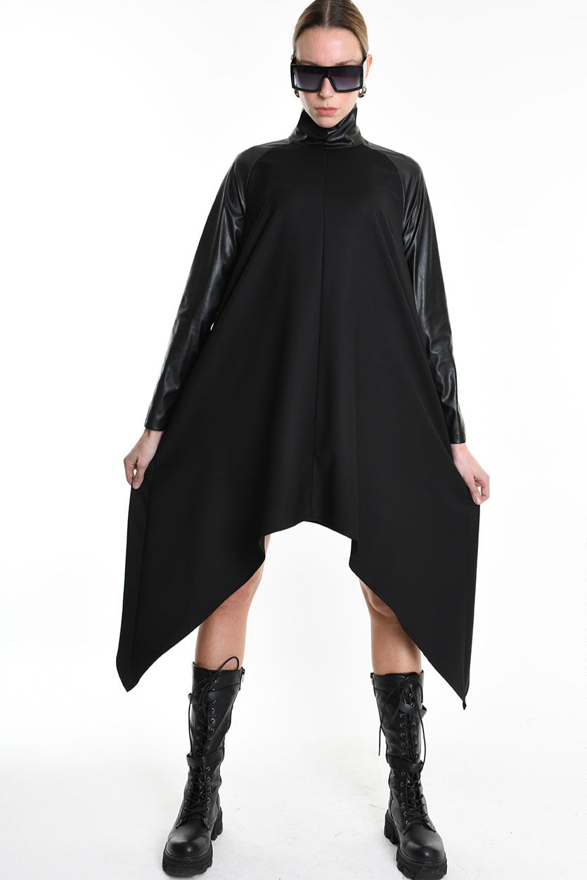 4R W5178 DRESS Asymmetric Fluid & Faux Leather Black LA HAINE INSIDE US