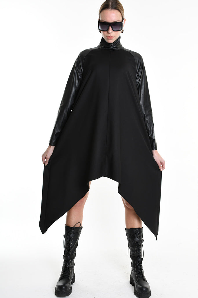 4R W5178 DRESS Asymmetric Fluid & Faux Leather Black LA HAINE INSIDE US