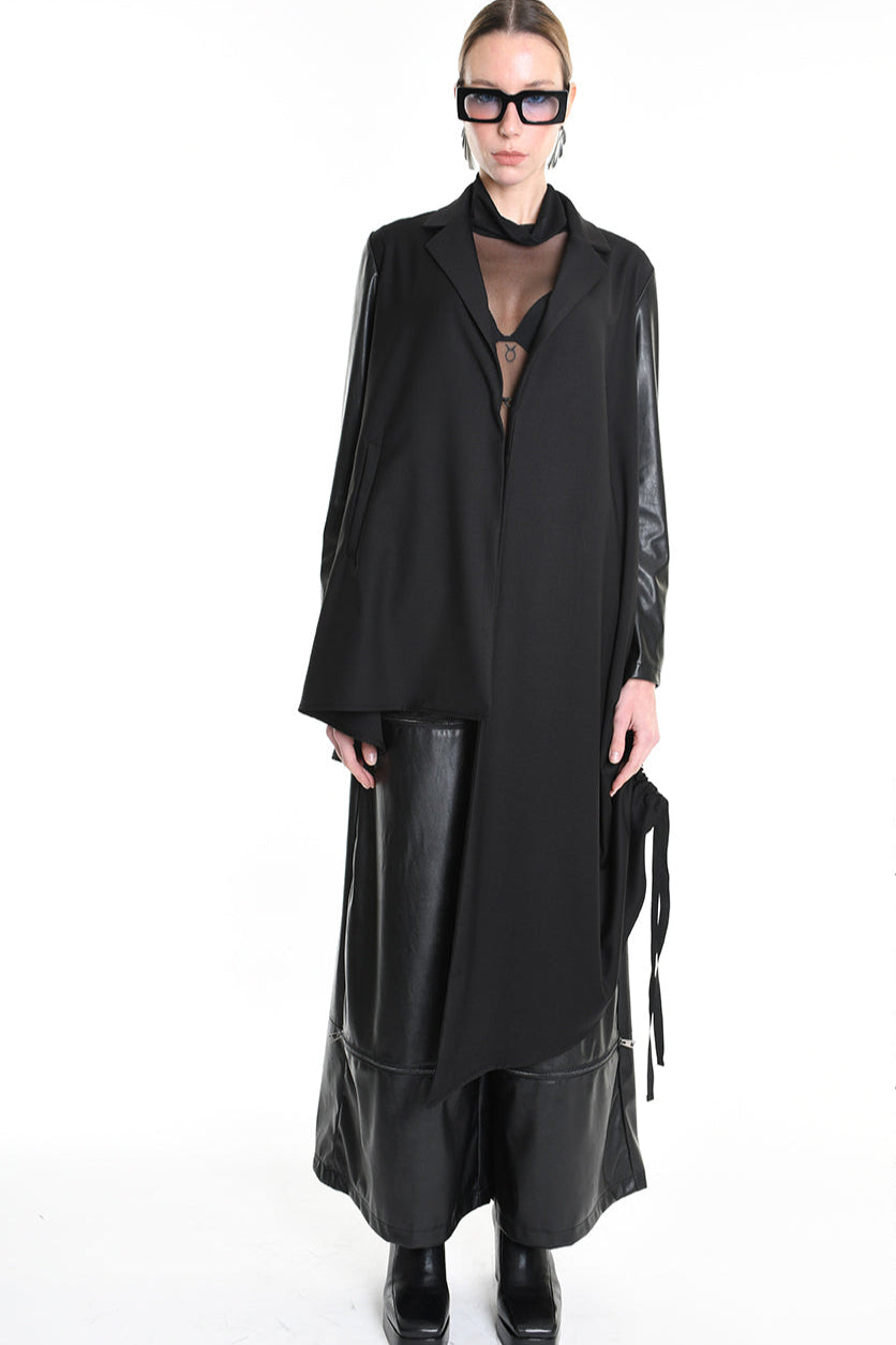 4R W5179 ASYMMETRICAL BLAZER in Fluid Fabric & Eco-Leather Black LA HAINE INSIDE US