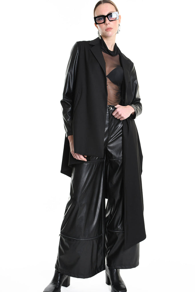 4R W5179 ASYMMETRICAL BLAZER in Fluid Fabric & Eco-Leather Black LA HAINE INSIDE US