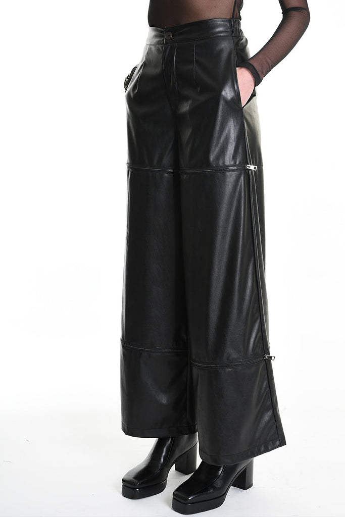 4R W5182 TROUSER Wide Fit Faux Leather Stretch Black WOMAN LA HAINE INSIDE US