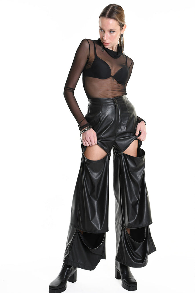 4R W5182 TROUSER Wide Fit Faux Leather Stretch Black WOMAN LA HAINE INSIDE US