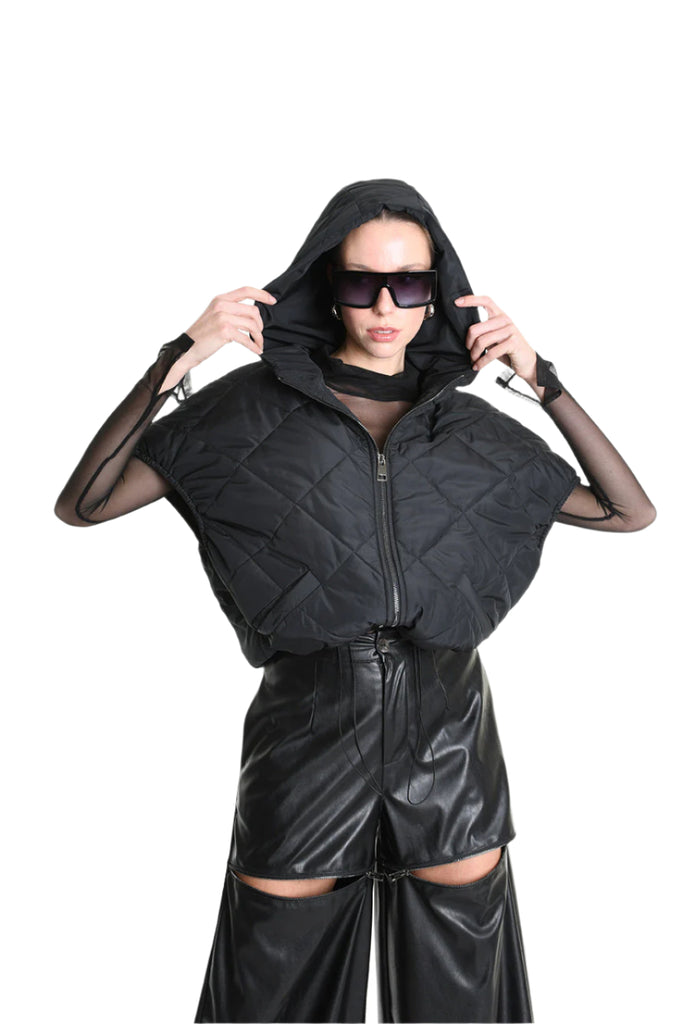 4R W5196 BOMBER Oversized Sleeveless in Quilted Chiffon, Black. TEPHRA