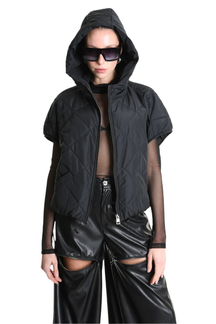 4R W5196 BOMBER Oversized Sleeveless in Quilted Chiffon, Black. TEPHRA