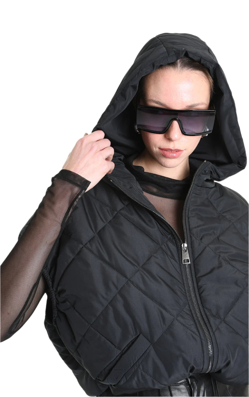 4R W5196 BOMBER Oversized Sleeveless in Quilted Chiffon, Black. TEPHRA