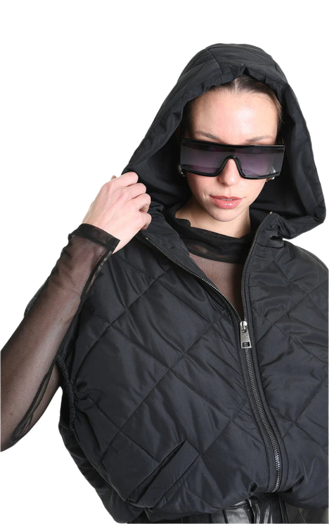 4R W5196 BOMBER Oversized Sleeveless in Quilted Chiffon, Black. TEPHRA