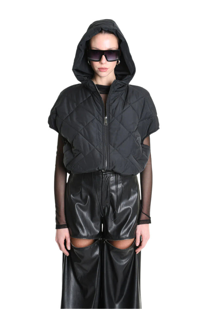 4R W5196 BOMBER Oversized Sleeveless in Quilted Chiffon, Black. TEPHRA
