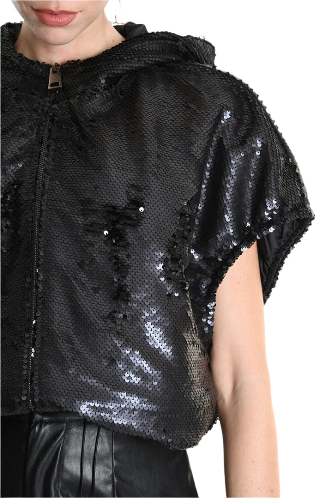 4R W5197 BOMBER Oversized Sleeveless in Sequins & Chiffon, Black. TEPHRA