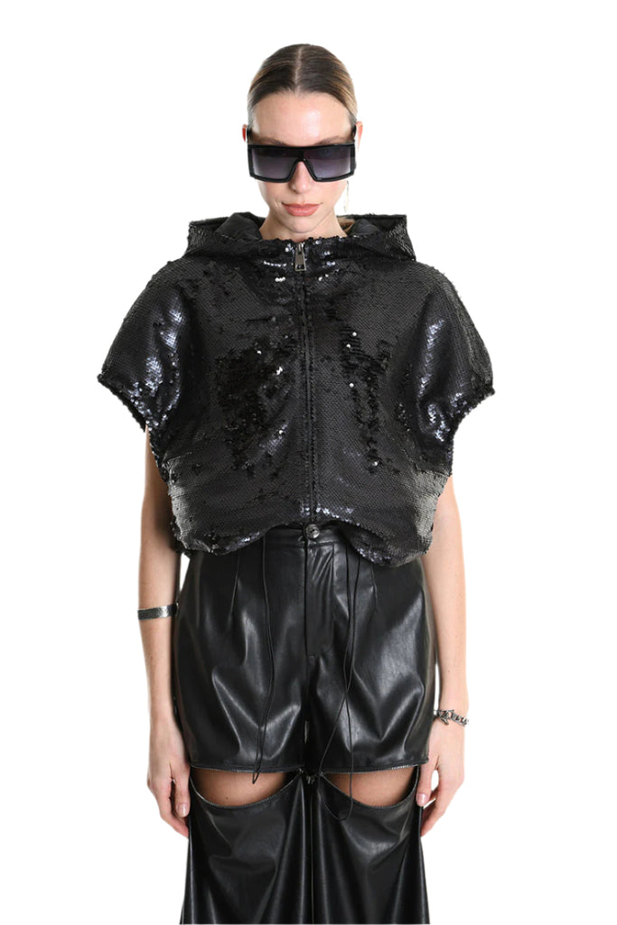 4R W5197 BOMBER Oversized Sleeveless in Sequins & Chiffon, Black. TEPHRA