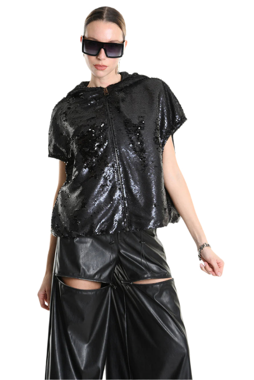 4R W5197 BOMBER Oversized Sleeveless in Sequins & Chiffon, Black. TEPHRA