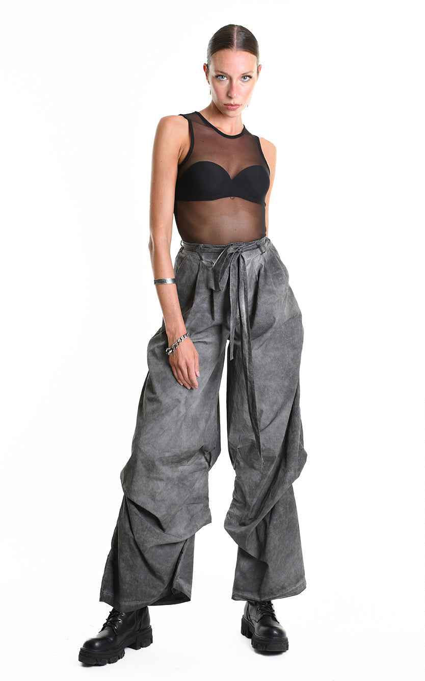 4R W5380 Trousers - Grey Palazzo Garment Dyed Cotton Gabardine Front Pleats Removable Sash Italian Women's