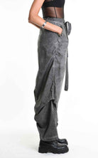 4R W5380 Trousers - Grey Palazzo Garment Dyed Cotton Gabardine Front Pleats Removable Sash Italian Women's