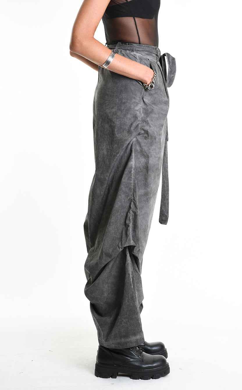 4R W5380 Trousers - Grey Palazzo Garment Dyed Cotton Gabardine Front Pleats Removable Sash Italian Women's