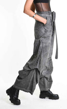 4R W5380 Trousers - Grey Palazzo Garment Dyed Cotton Gabardine Front Pleats Removable Sash Italian Women's