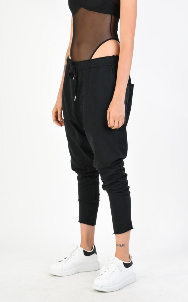 A34V LW74424 TROUSER Over Low Crotch Fleece Stretch Dyed Black - TEPHRA