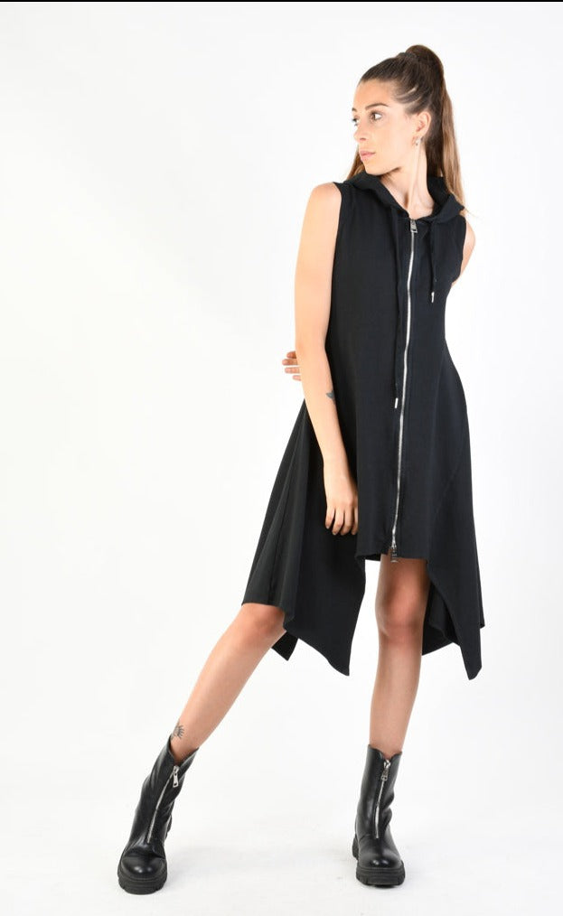 A34V LW74724 Dress Sleeveless Asymmetric Stretch Fleece Dyed Black - TEPHRA