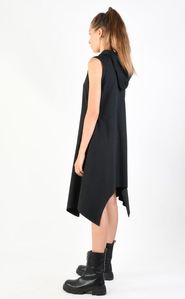 A34V LW74724 Dress Sleeveless Asymmetric Stretch Fleece Dyed Black - TEPHRA