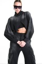 4V W5226 SWEATER Fleece Crop Chorosive Treatment Black LA HAINE INSIDE US