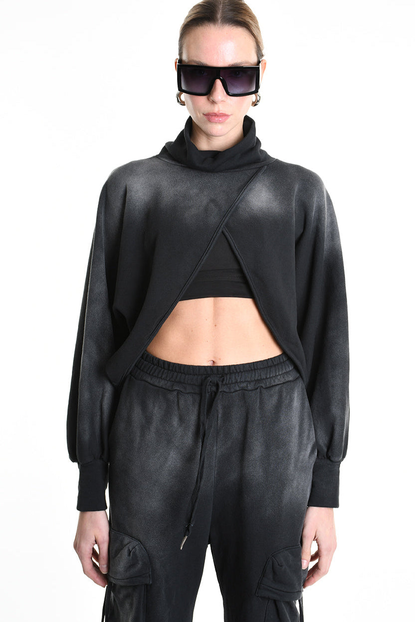 4V W5226 SWEATER Fleece Crop Chorosive Treatment Black LA HAINE INSIDE US