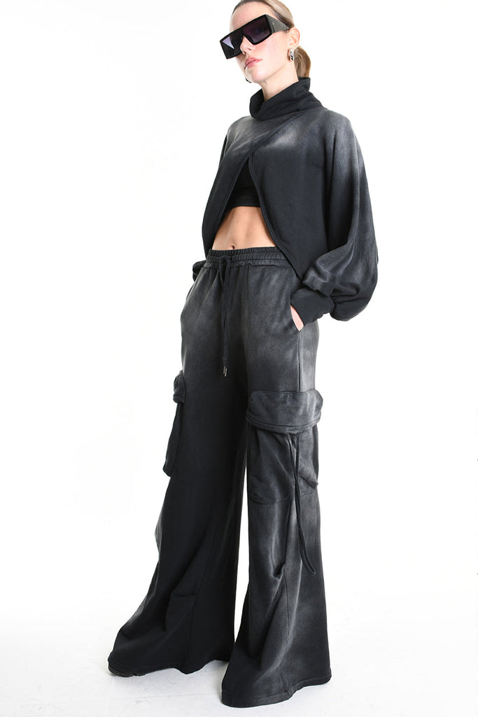 4V W5226 SWEATER Fleece Crop Chorosive Treatment Black LA HAINE INSIDE US