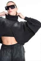 4V W5226 SWEATER Fleece Crop Chorosive Treatment Black LA HAINE INSIDE US