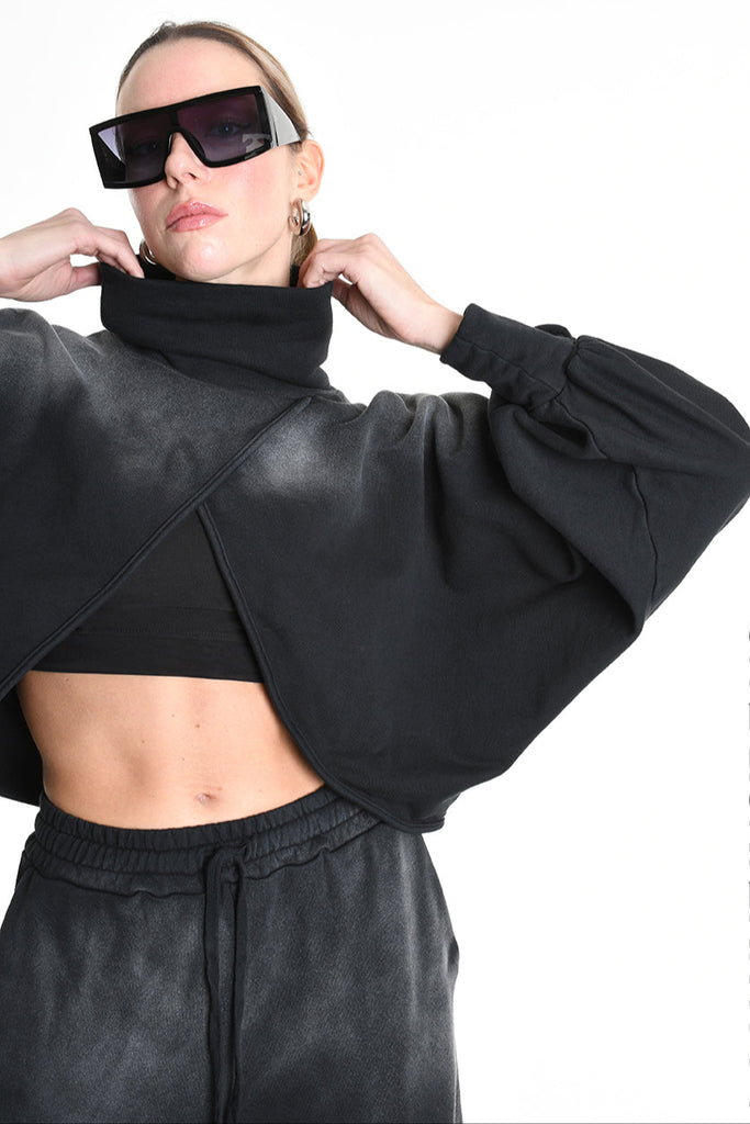 4V W5226 SWEATER Fleece Crop Chorosive Treatment Black LA HAINE INSIDE US