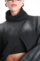 4V W5226 SWEATER Fleece Crop Chorosive Treatment Black LA HAINE INSIDE US