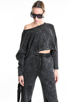 4V W5228 SWEATER Crop Fleece Dyed Marmoryzed Black LA HAINE INSIDE US