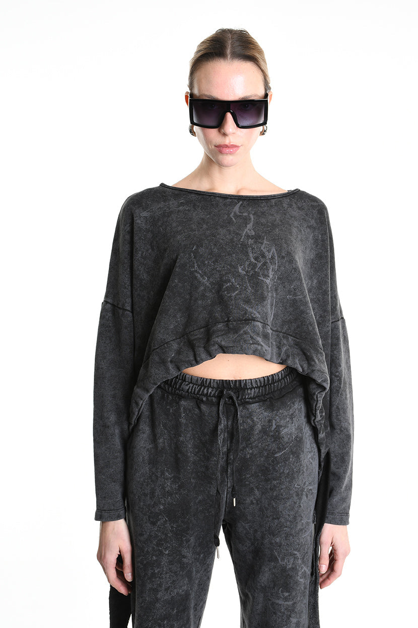 4V W5228 SWEATER Crop Fleece Dyed Marmoryzed Black LA HAINE INSIDE US