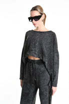 4V W5228 SWEATER Crop Fleece Dyed Marmoryzed Black LA HAINE INSIDE US