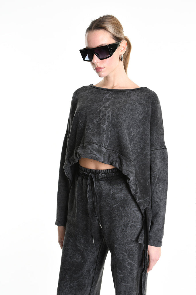 4V W5228 SWEATER Crop Fleece Dyed Marmoryzed Black LA HAINE INSIDE US