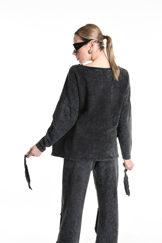 4V W5228 SWEATER Crop Fleece Dyed Marmoryzed Black LA HAINE INSIDE US