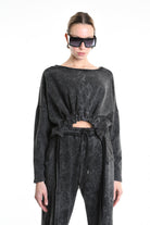 4V W5228 SWEATER Crop Fleece Dyed Marmoryzed Black LA HAINE INSIDE US