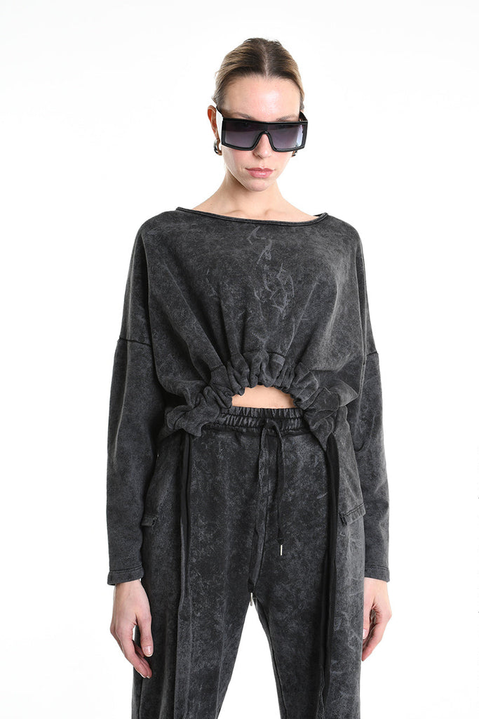 4V W5228 SWEATER Crop Fleece Dyed Marmoryzed Black LA HAINE INSIDE US