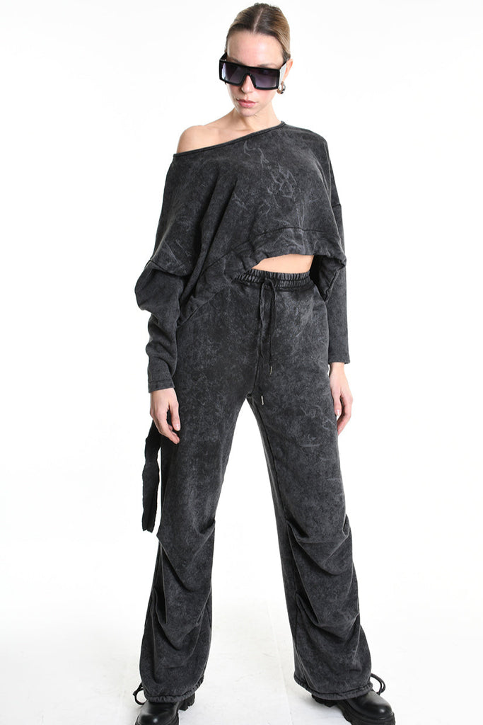 4V W5228 SWEATER Crop Fleece Dyed Marmoryzed Black LA HAINE INSIDE US