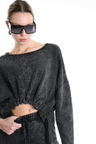 4V W5228 SWEATER Crop Fleece Dyed Marmoryzed Black LA HAINE INSIDE US