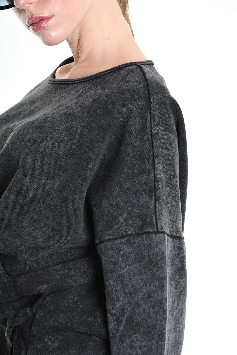 4V W5228 SWEATER Crop Fleece Dyed Marmoryzed Black LA HAINE INSIDE US