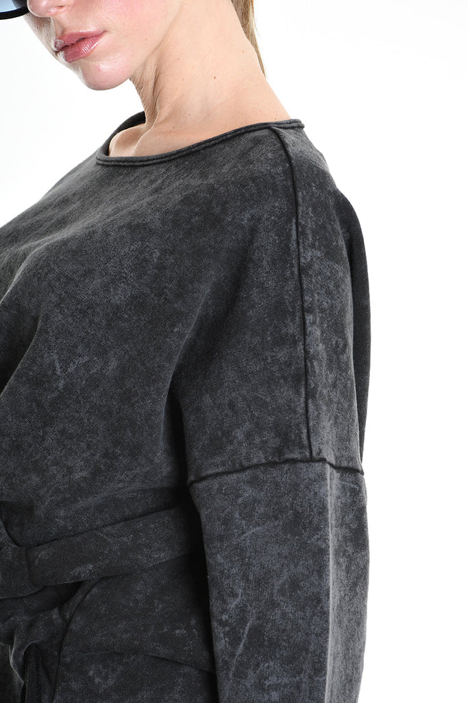 4V W5228 SWEATER Crop Fleece Dyed Marmoryzed Black LA HAINE INSIDE US