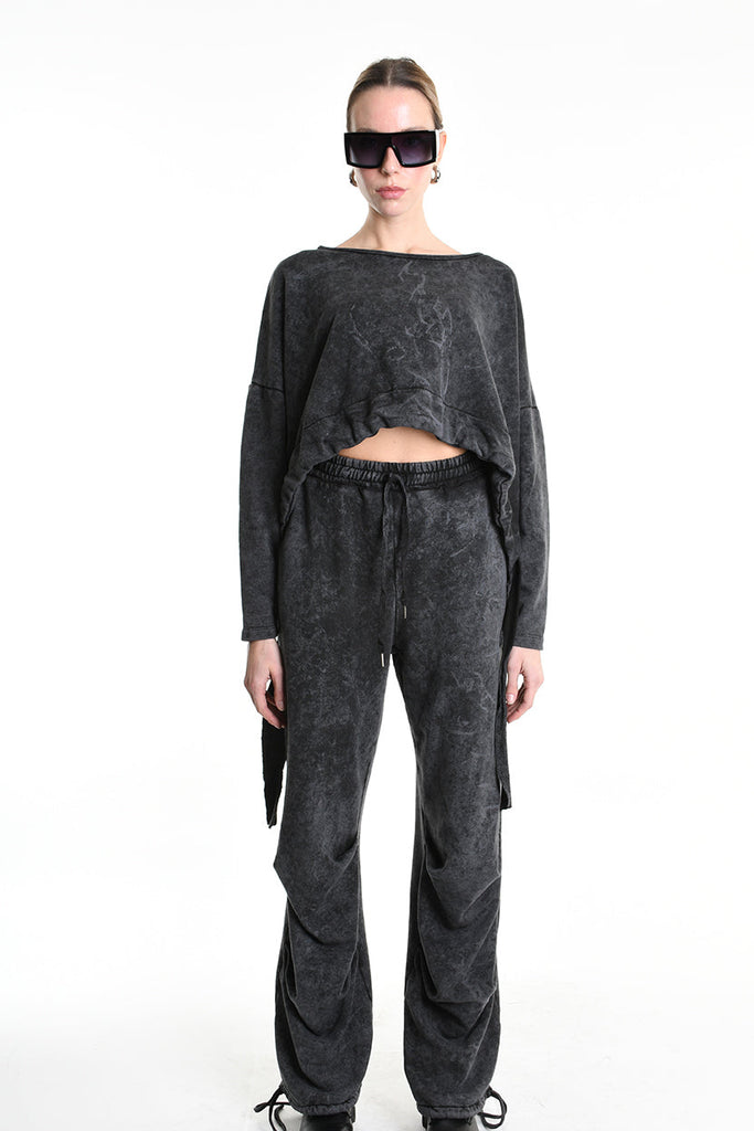 4V W5228 SWEATER Crop Fleece Dyed Marmoryzed Black LA HAINE INSIDE US