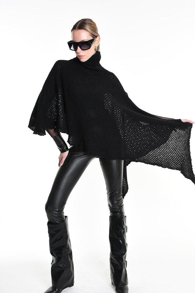 4V W5244 ASYMMETRICAL PONCHO in Mohair-Blend Mesh Black LA HAINE INSIDE US