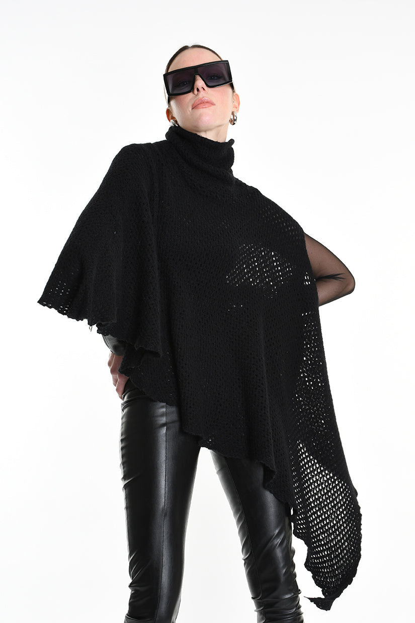 4V W5244 ASYMMETRICAL PONCHO in Mohair-Blend Mesh Black LA HAINE INSIDE US