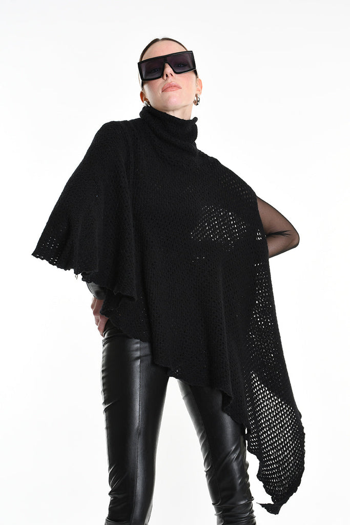 4V W5244 ASYMMETRICAL PONCHO in Mohair-Blend Mesh Black LA HAINE INSIDE US