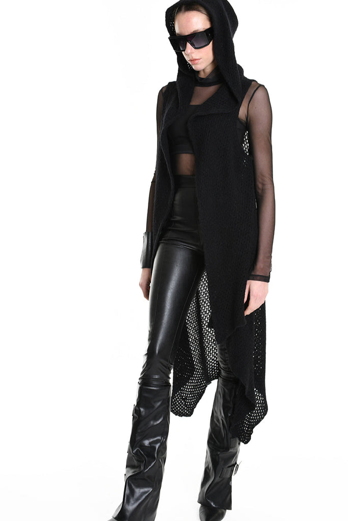 4V W5245 SLEEVELESS ASYMMETRICAL CARDIGAN in Mohair-Blend Mesh Black LA HAINE INSIDE US