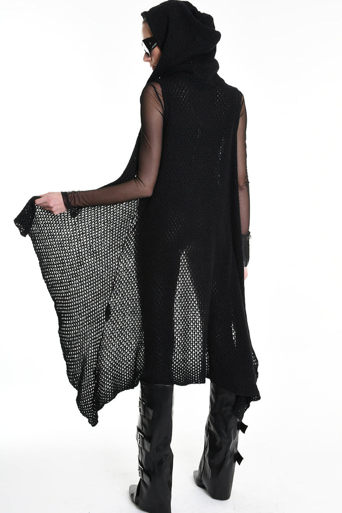 4V W5245 SLEEVELESS ASYMMETRICAL CARDIGAN in Mohair-Blend Mesh Black LA HAINE INSIDE US