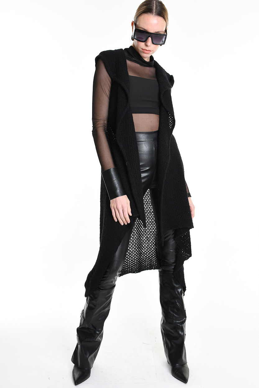 4V W5245 SLEEVELESS ASYMMETRICAL CARDIGAN in Mohair-Blend Mesh Black LA HAINE INSIDE US
