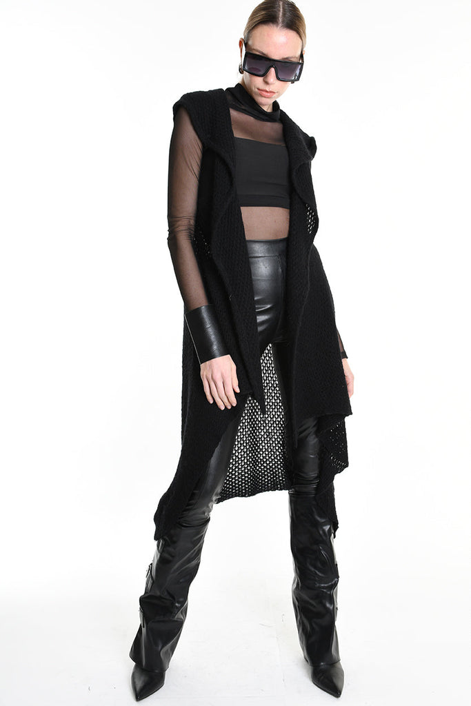 4V W5245 SLEEVELESS ASYMMETRICAL CARDIGAN in Mohair-Blend Mesh Black LA HAINE INSIDE US