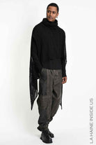 4V W5407 Maxi Sweater - Black Asymmetrical Poncho Mohair Blend Mesh Oversized Double Collar Unisex Made in Italy