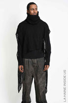 4V W5407 Maxi Sweater - Black Asymmetrical Poncho Mohair Blend Mesh Oversized Double Collar Unisex Made in Italy