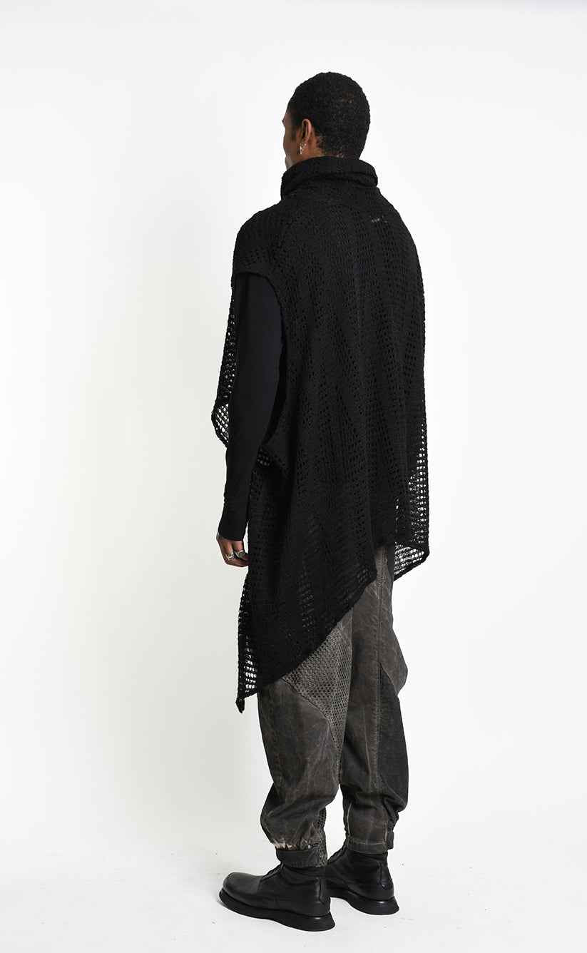 4V W5407 Maxi Sweater - Black Asymmetrical Poncho Mohair Blend Mesh Oversized Double Collar Unisex Made in Italy